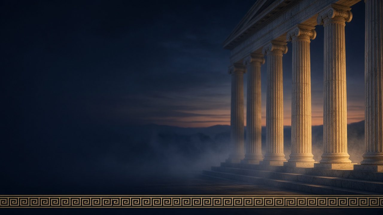 Classical marble temple columns at dusk above a gold Greek key border